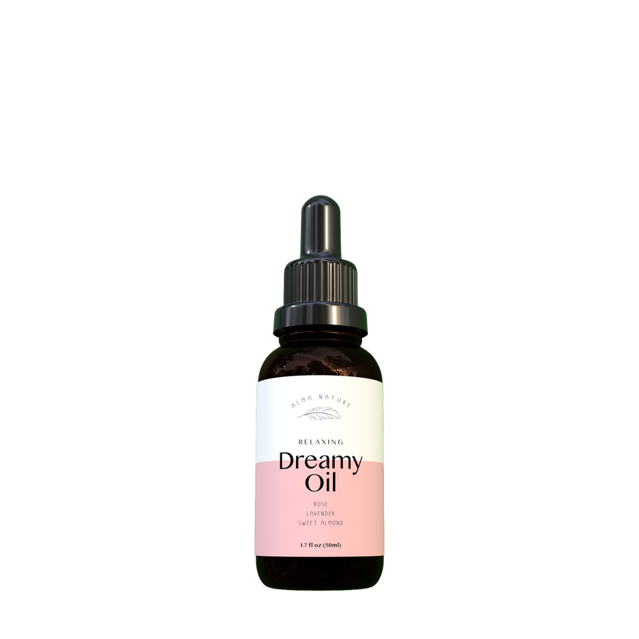 Bottle of Dreamy Oil with a dropper on a white background
