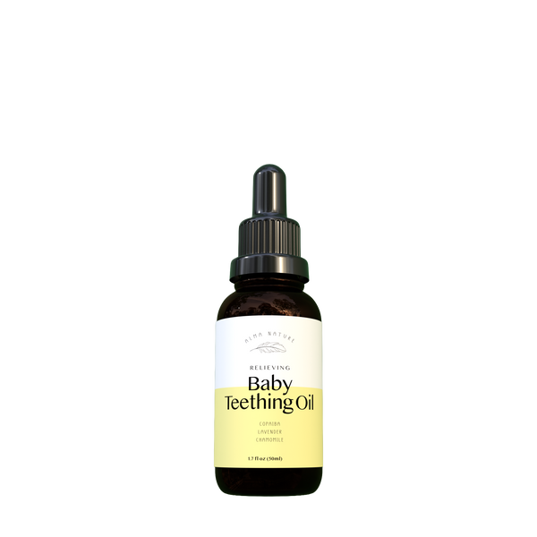 Bottle of Baby Teething Oil with a dropper