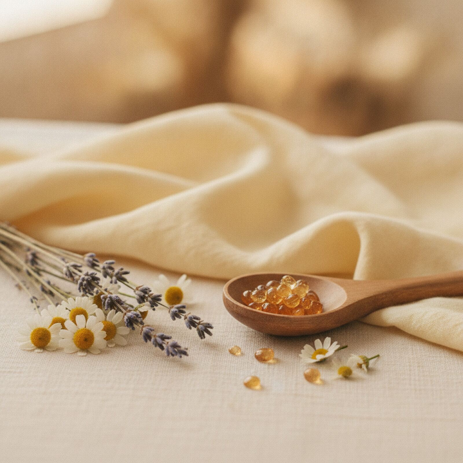 Amber resin, lavender and chamomile on butter linen