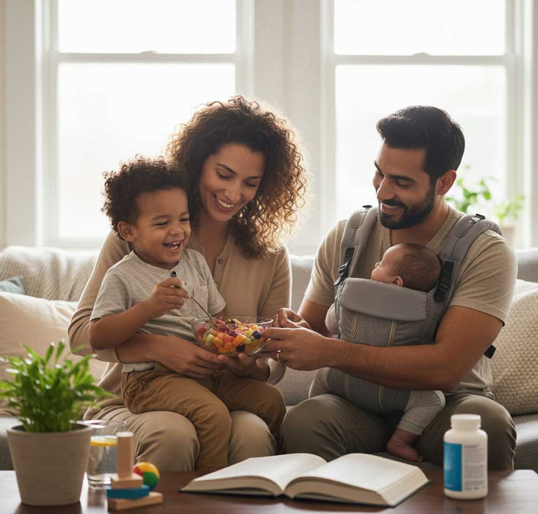 Parents playing with their young children at home