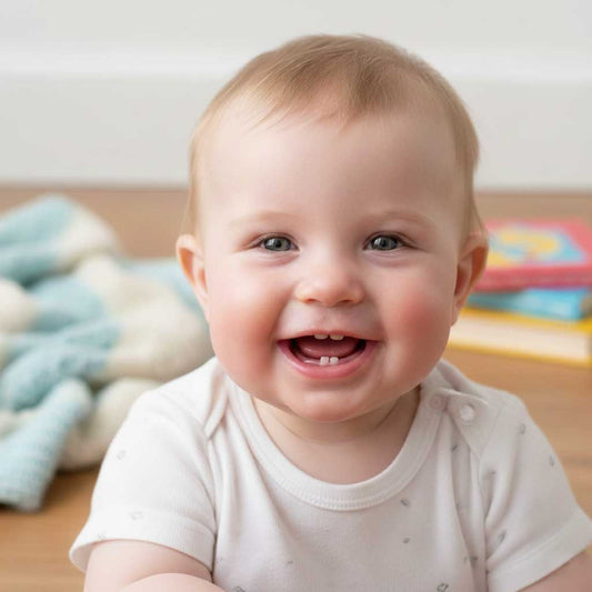 Smiling baby showing front teeth while sitting on floor with colorful books in background.