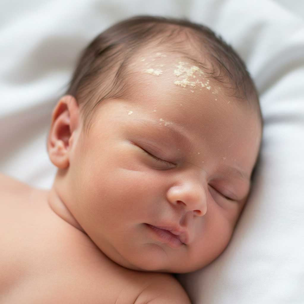 Sleeping newborn with visible cradle cap flakes on scalp.