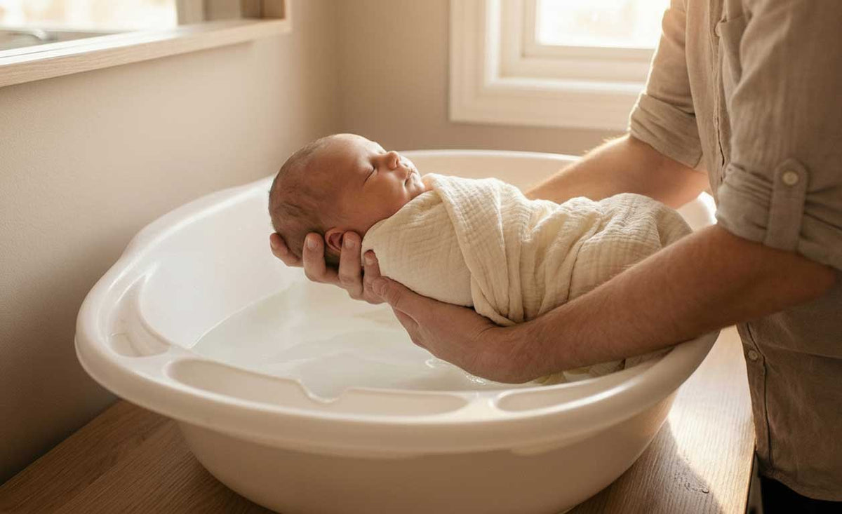 Newborn baby wrapped in a soft towel after a gentle first bath
