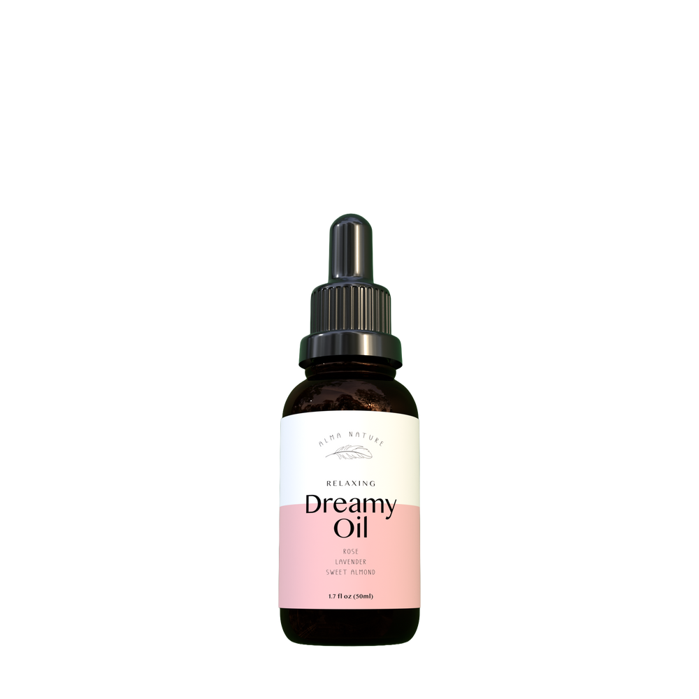 Bottle of Dreamy Oil with a dropper on a white background