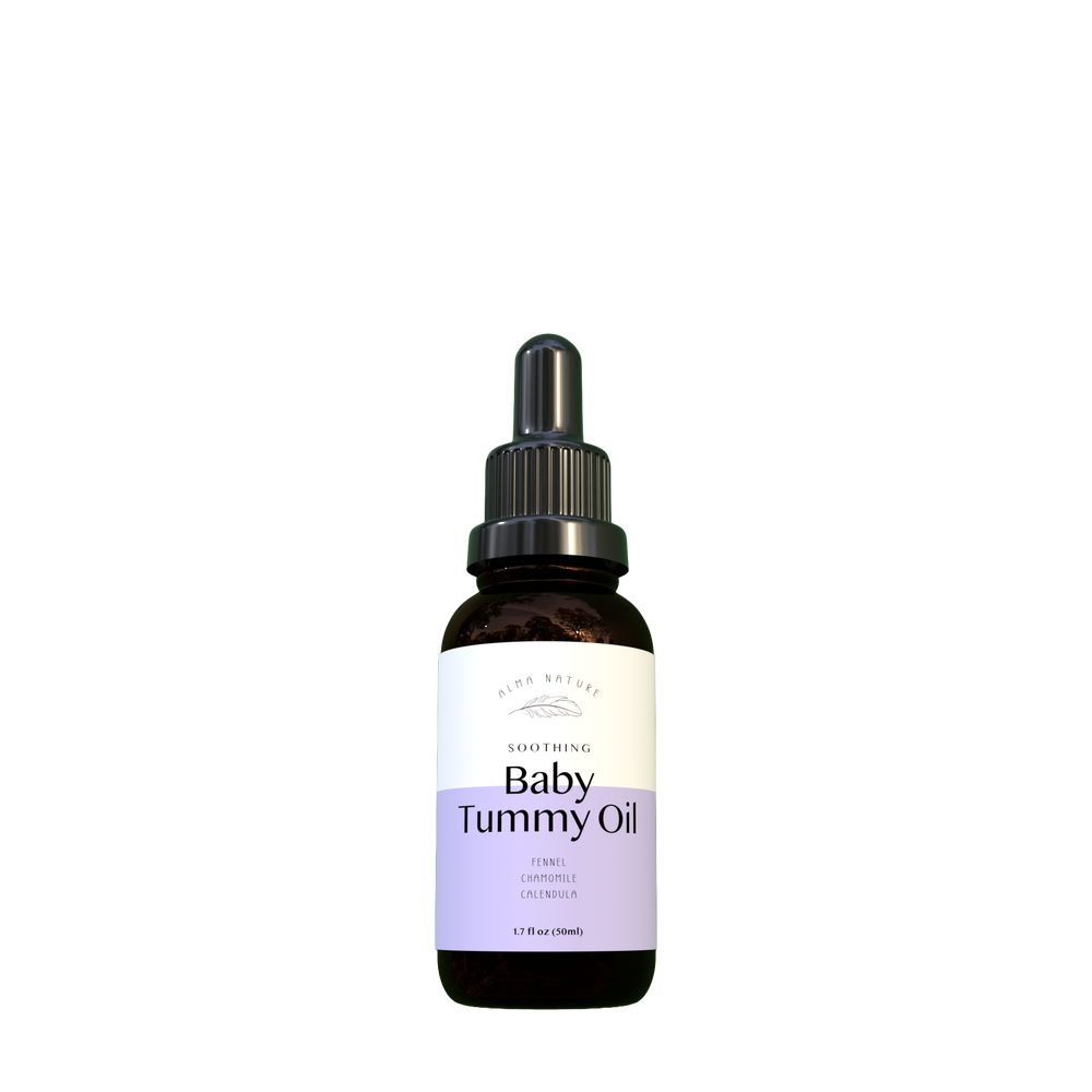 Bottle of Baby Tummy Oil with a dropper