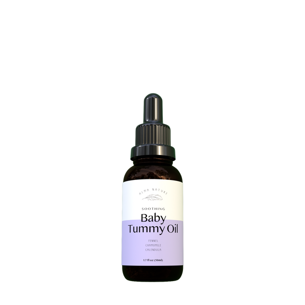 Bottle of Baby Tummy Oil with a dropper