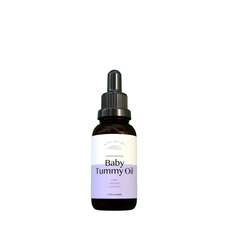 Bottle of Baby Tummy Oil with a dropper