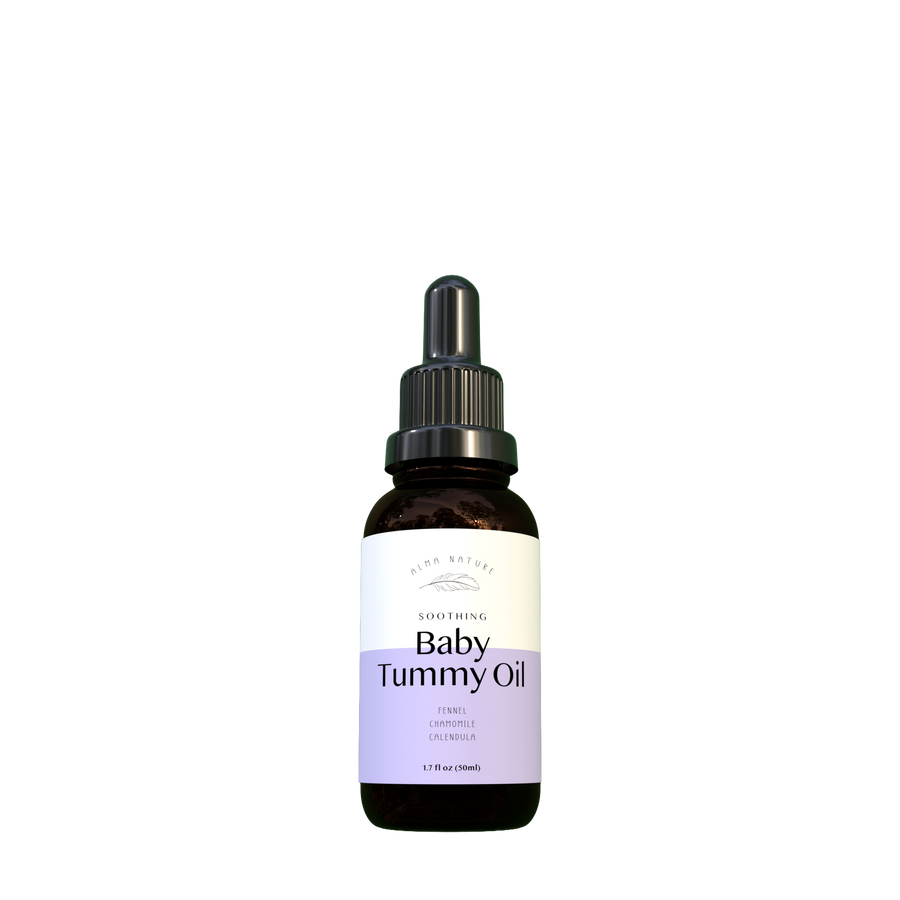 Bottle of Baby Tummy Oil with a dropper