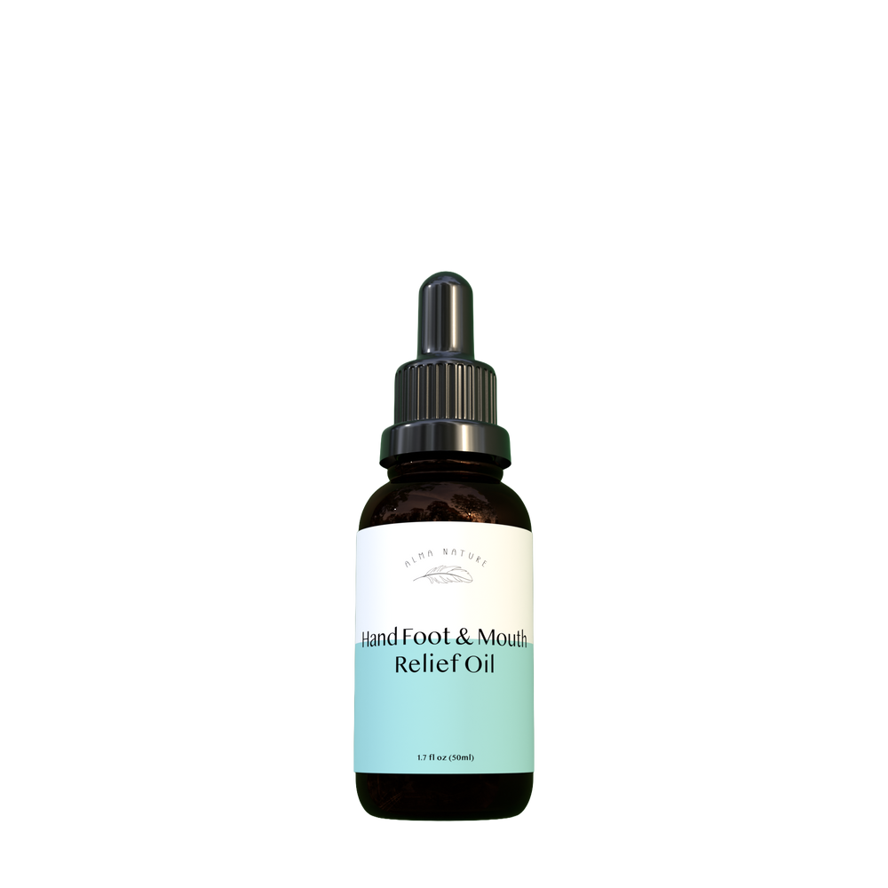 Bottle of Hand, Foot & Mouth Relief Oil with a dropper