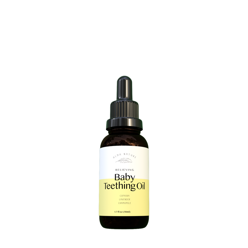 Bottle of Baby Teething Oil with a dropper