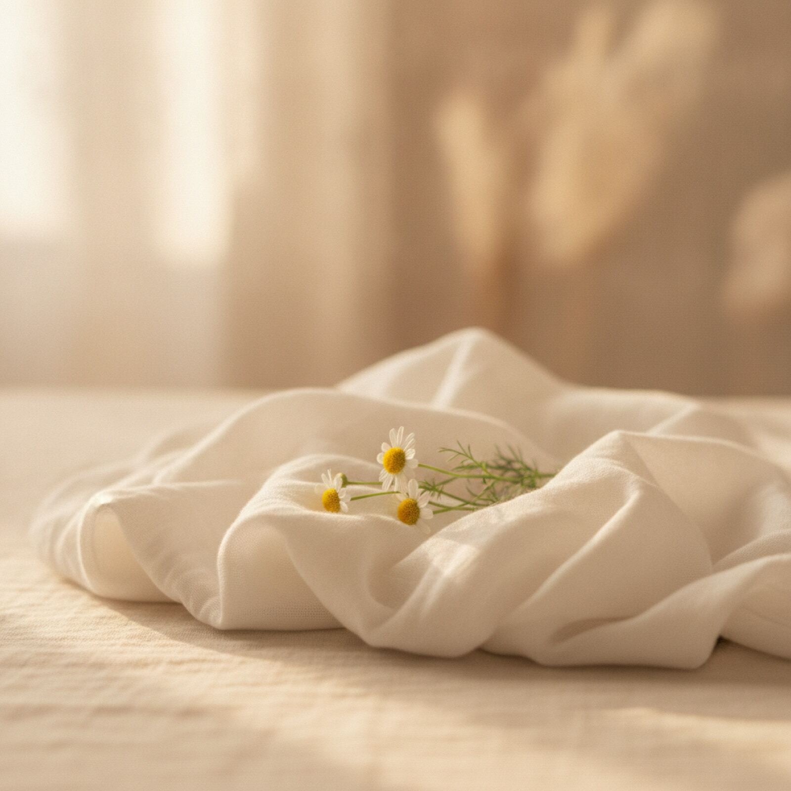 Soft muslin and chamomile in warm light